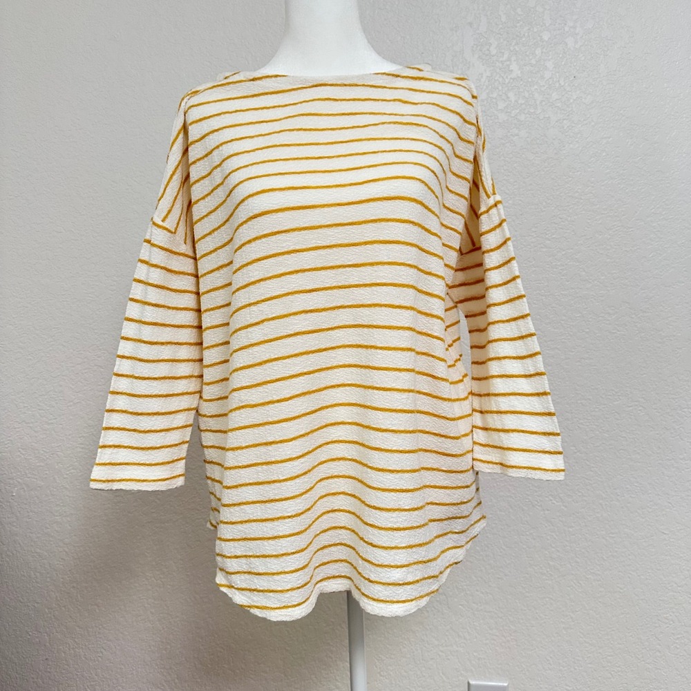 J. Jill Striped Top Womens Small White‎ Yellow 3/4 Sleeve Cotton Knit Boat Neck
